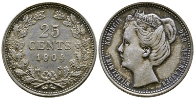 Нидерланды 25 центов 1904 Вильгельмина (1890-1948) KM 120.2 серебро 46-821