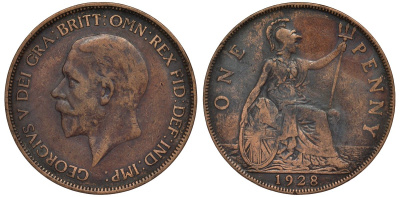 Великобритания 1 пенни 1928 Георг V (1910-1936) KM 838, Spink 4055 бронза 4123-1022