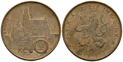 Чехия 10 крон 1993 Кафедральный собор города Брно KM 4 сталь плакированная медью 4120-324