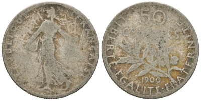 Франция 50 сантимов 1900 KM 854 серебро 4611-1128