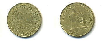 ФРАНЦИЯ 20 САНТИМОВ 1977 ТИП MARIANNE KM 930, LE FRANC 156.17 алюминиевая бронза 176-1055