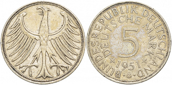 ФРГ 5 марок 1951 G, KM 112.1, J.387 серебро 3996-346