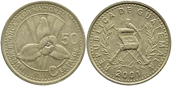 Гватемала 50 сентаво 2001 орхидея белая монашка KM 283 латунь 4390-121