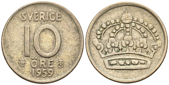 Швеция 10 эре 1959 Густав VI Адольф (1950-1973) KM 823 серебро 4147-923