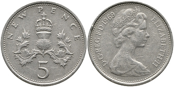 Великобритания 5 пенсов 1969 Елизавета II (1952-2022) KM 911, Spink 4233 (D1) медно-никель 65-946