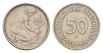 ФРГ 50 пфеннигов 1950 G KM 109, J. 384 медно-никель 4621-111