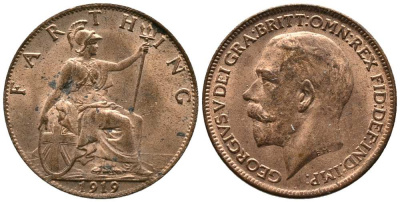 Великобритания 1 фартинг 1919 Георг V (1910-1936) KM 808.2, Spink 4060 бронза UNC 117-725