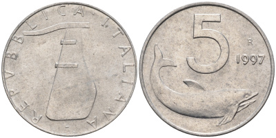 Италия 5 лир 1997 R, дельфин KM 92 алюминий  UNC  4594-634