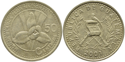 Гватемала 50 сентаво 2001 орхидея белая монашка KM 283 латунь 4390-121