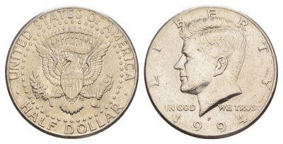 США 1/2 доллара (50 центов) 1994 P, Джон Кеннеди KM A202b медь плакированная медно-никелем aUNC 4517-725
