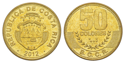 Коста-Рика 50 колонов 2012 KM 231.1b сталь плакированная латунью UNC 4642-937