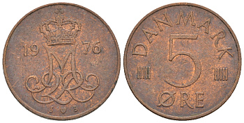 Дания 5 эре 1976 S; B, Маргрете II (1972- ) KM 859.1 железо плакированное медью 4609-1066