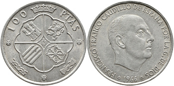 Испания 100 песет 1966 (66) Франсиско Франко (1939-1975) KM 797 серебро 272-622