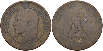 ФРАНЦИЯ 10 САНТИМОВ 1864 BB, НАПОЛЕОН III (1852-1870) KM 798.2, LA FRANC 134.12 бронза 97-1041