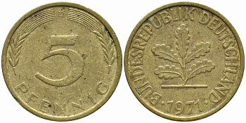 ФРГ 5 ПФЕННИГОВ 1971 D KM 107, J. 382 сталь плакированная латунью 112-148