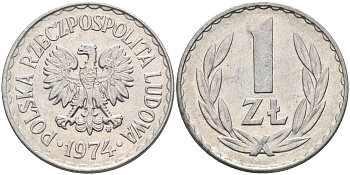 Польша 1 злотый 1974 MW KM 49.1 алюминий    4161-155