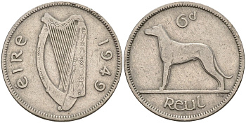 Ирландия 6 пенсов 1949 ирландский волкодав KM 13a медно-никель 4146-441
