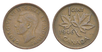 Канада 1 цент 1946 Георг VI (1936-1952), кленовый лист KM 32 бронза 4639-262