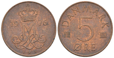 Дания 5 эре 1976 S; B, Маргрете II (1972- ) KM 859.1 железо плакированное медью 4609-1066