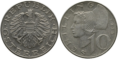 АВСТРИЯ 10 ШИЛЛИНГОВ 1975 KM 2918 никель плакированный медно-никелем 33-653
