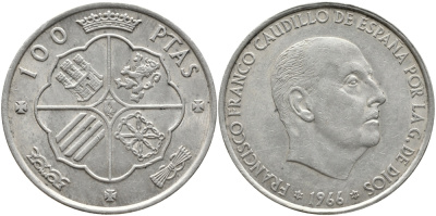 Испания 100 песет 1966 (66) Франсиско Франко (1939-1975) KM 797 серебро 272-622