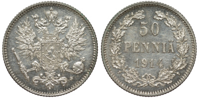 Россия для Финляндии 50 пенни 1914 S, Николай II (1894-1917) КМ 2.2, Биткин 405 серебро 75-946