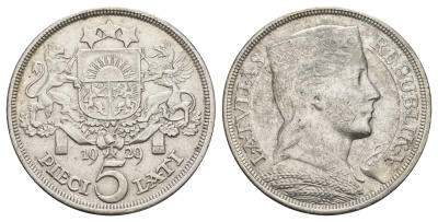 Латвия 5 латов 1929 девушка KM 9 серебро 443-1022