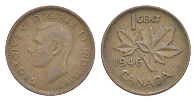 Канада 1 цент 1946 Георг VI (1936-1952), кленовый лист KM 32 бронза 4639-262