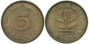 ФРГ 5 ПФЕННИГОВ 1977 G KM 107, Jager 382 сталь плакированная латунью 4547-758