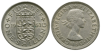 Великобритания 1 шиллинг 1963 Елизавета II (1952-2022), Английский герб KM 904, Spink 4147 медно-никель 4384-453