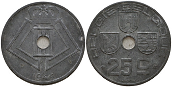 Бельгия 25 сантимов 1944 Belgie - Belgique KM 132 цинк 33-1227