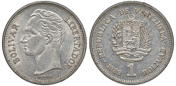 Венесуэла 1 боливар 1989 тонкий шрифт Y 52a.2 сталь плакированная никелем 4606-534