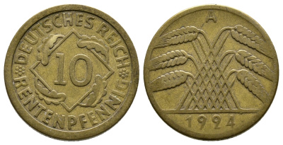 ГЕРМАНИЯ 10 РЕНТЕНПФЕННИГОВ 1924 A KM 33, J. 309, Weege 8 алюминиевая бронза 4380-932