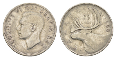 Канада 25 центов 1950 Георг VI (1936-1952), олень KM 44 серебро 4631-855