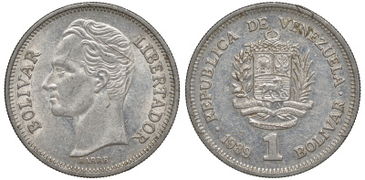 Венесуэла 1 боливар 1989 тонкий шрифт Y 52a.2 сталь плакированная никелем 4606-534