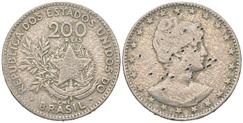 Бразилия 200 реалов 1901 MCMI, голова свободы вправо KM 504 медно-никель 4612-213