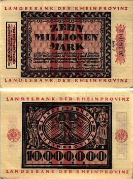 ДЮССЕЛЬДОРФ 10000000 МАРОК 1923 НОТГЕЛЬД, 1 СЕНТЯБРЯ 1923 - 1АПРЕЛЯ 1924, ЗЕМЛЯ СЕВЕРНЫЙ РЕЙН-ВЕСТФАЛИЯ, НАДПЕЧАТКА 1 АПРЕЛЯ 1924, REIHE 2 Keller 1166l бумага 6300-34-3-1
