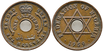 Нигерия 1/2 пенни 1959 Елизавета II (1952-), Британский протекторат KM 1 бронза 4387-432