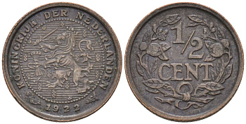 Нидерланды 1/2 цента 1922 Вильгельмина (1890-1948) KM 138 бронза 4576-432