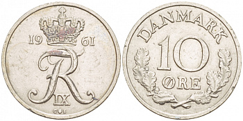 ДАНИЯ 10 ЭРЕ 1961 C; S, ФРЕДЕРИК IX (1947-1972) KM 849.1 медно-никель 4547-1019