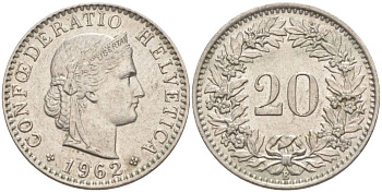 Швейцария 20 раппенов 1962 В KM 29a медно-никель 55-823