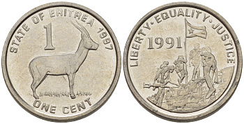 Эритрея 1 цент 1997 краснолобая антилопа KM 43 сталь плакированная никелем UNC 66-741