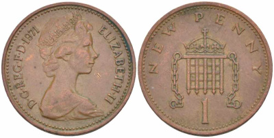 Великобритания 1 пенни 1971 Елизавета II (1952-2022) KM 915, Spink 4237 (B1) бронза 26-317