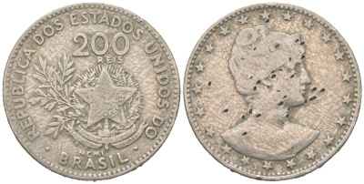 Бразилия 200 реалов 1901 MCMI, голова свободы вправо KM 504 медно-никель 4612-213