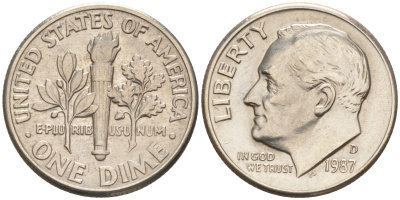 США 10 ЦЕНТОВ = 1 ДАЙМ 1987 D, РУЗВЕЛЬТ KM 195a медь плакированная медно-никелем 188-438