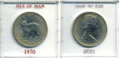 Остров Мэн 1 крона 1970 кошка Мэна, в оригинальной пластиковой коробке KM 18 медно-никель UNC 6-6-1-45