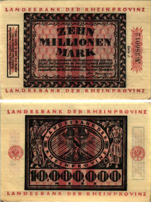 ДЮССЕЛЬДОРФ 10000000 МАРОК 1923 НОТГЕЛЬД, 1 СЕНТЯБРЯ 1923 - 1АПРЕЛЯ 1924, ЗЕМЛЯ СЕВЕРНЫЙ РЕЙН-ВЕСТФАЛИЯ, НАДПЕЧАТКА 1 АПРЕЛЯ 1924, REIHE 2 Keller 1166l бумага 6300-34-3-1