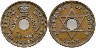 Нигерия 1/2 пенни 1959 Елизавета II (1952-), Британский протекторат KM 1 бронза 4387-432