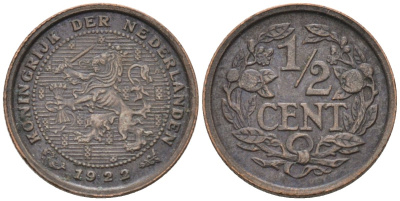 Нидерланды 1/2 цента 1922 Вильгельмина (1890-1948) KM 138 бронза 4576-432