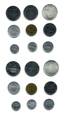 Сан-Марино набор из 9 монет 1977 1, 2, 5, 10, 20, 50, 100, 100 и 500 лир стилизованная перевернутая вверх ногами птица над звездами в круге KM 63-71 серебро N5-13